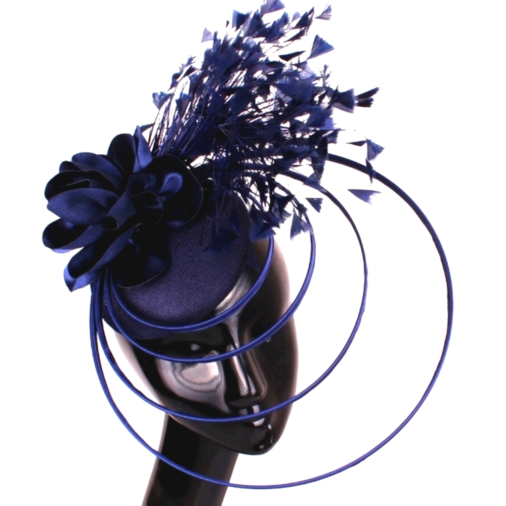 Fabulous Big Navy Feathered Birdcage Fascinator Hat Races Equine Tea Church NWT